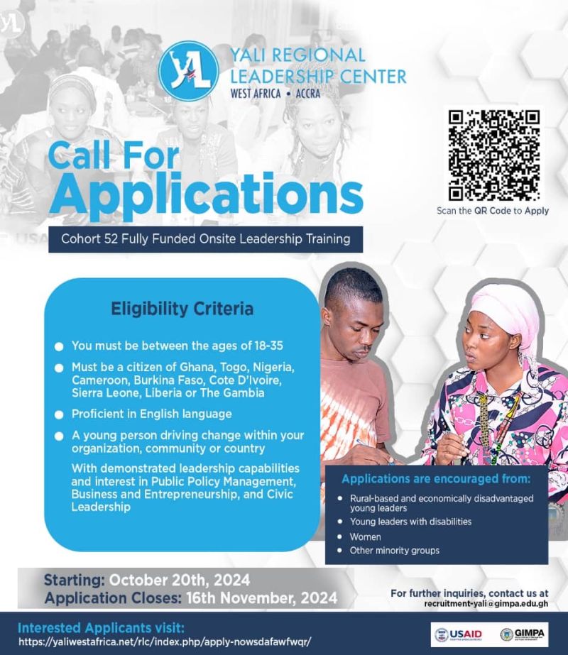🌍 Calling Young African Leaders!

YALI Cohort 52 on-site training applications are open! Build leadership skills, connect, and make an impact.

🔗 Apply: wp.me/p23f03-bom #YALIRLCAccra #LeadersLeadingLeaders #Opportunities