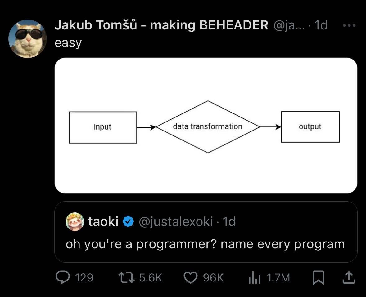 close, it’s actually:

input -> unexpected condition -> unhandled exception
