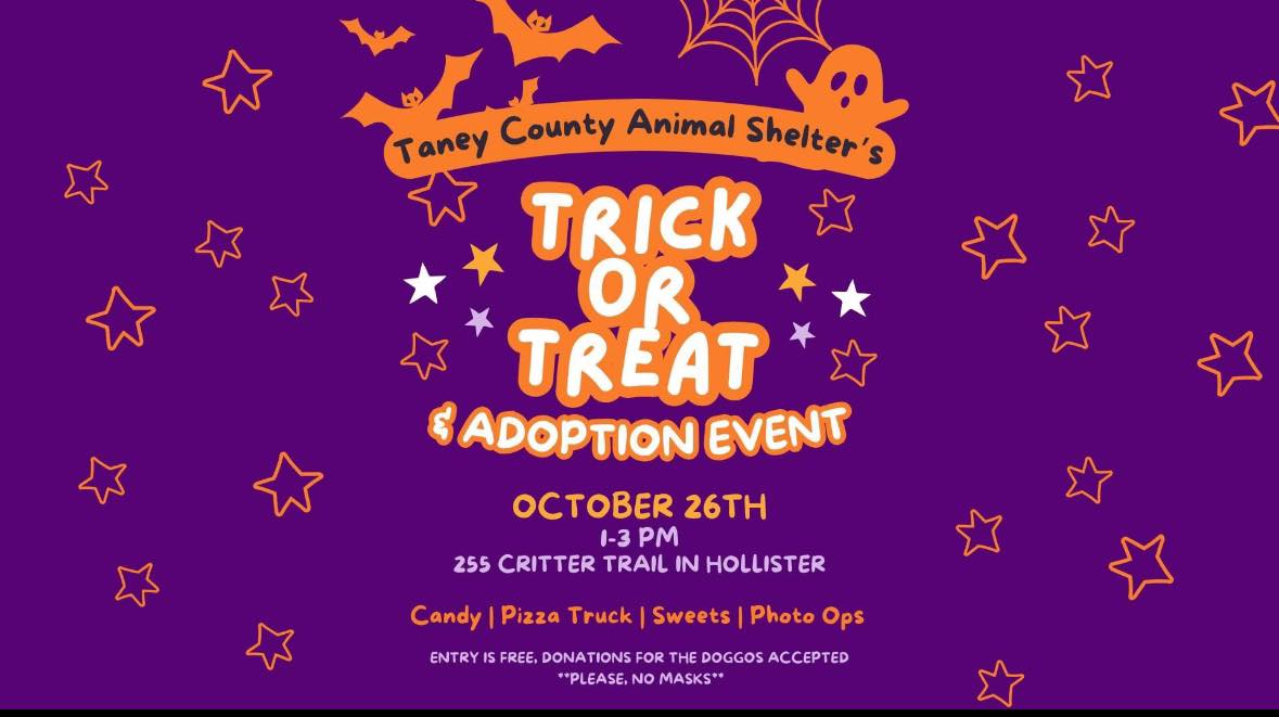 BransonWX's tweet image. Today,  from 1 to 3 PM, the Taney County Animal Shelter will be holding its "Trick or Treat &amp;amp; Adoption Event" at 255 Critter Trail in Hollister. 

#Hollister #Missouri