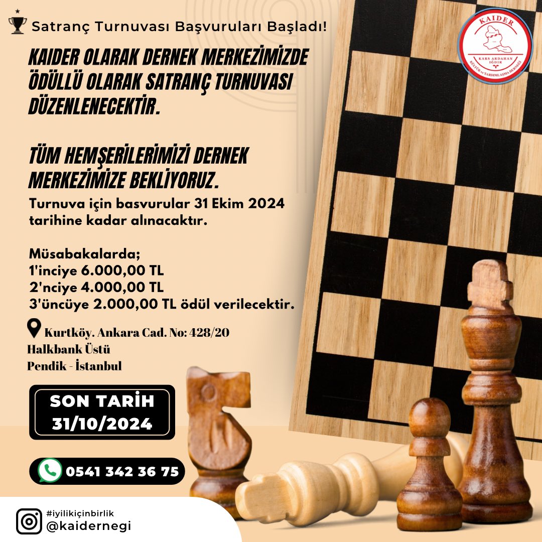dernekkai's tweet photo. Cumhuriyet Bayramına özel organize edilen KAIDER şiir yarışması ile Satranç/ Masa Tenisi Turnuvaları son başvuru tarihi talep üzerine ertelenmiştir. 
Son müracaat tarihi 31 Ekim 2024 olarak güncellenmiş olup bilgilerinize sunarız. https://t.co/MVkbp1e9Mo