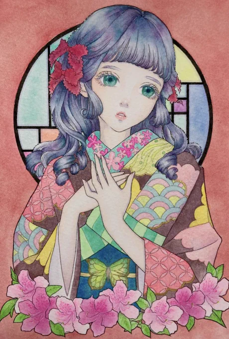 #日常原画収穫祭 素敵な企画をありがとうございます透明水彩でレトロな女の子を描いています 