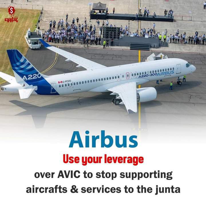 zhsfncc's tweet photo. Responsibly divest and end its relationship with AVIC if AVIC refuses to end all business with the Myanmar military.
@AirbusSpace
#Airbusted
#AirBus2AirStrikes
#WhatsHappeninglnMyanmar https://t.co/BQGfhU6cGs