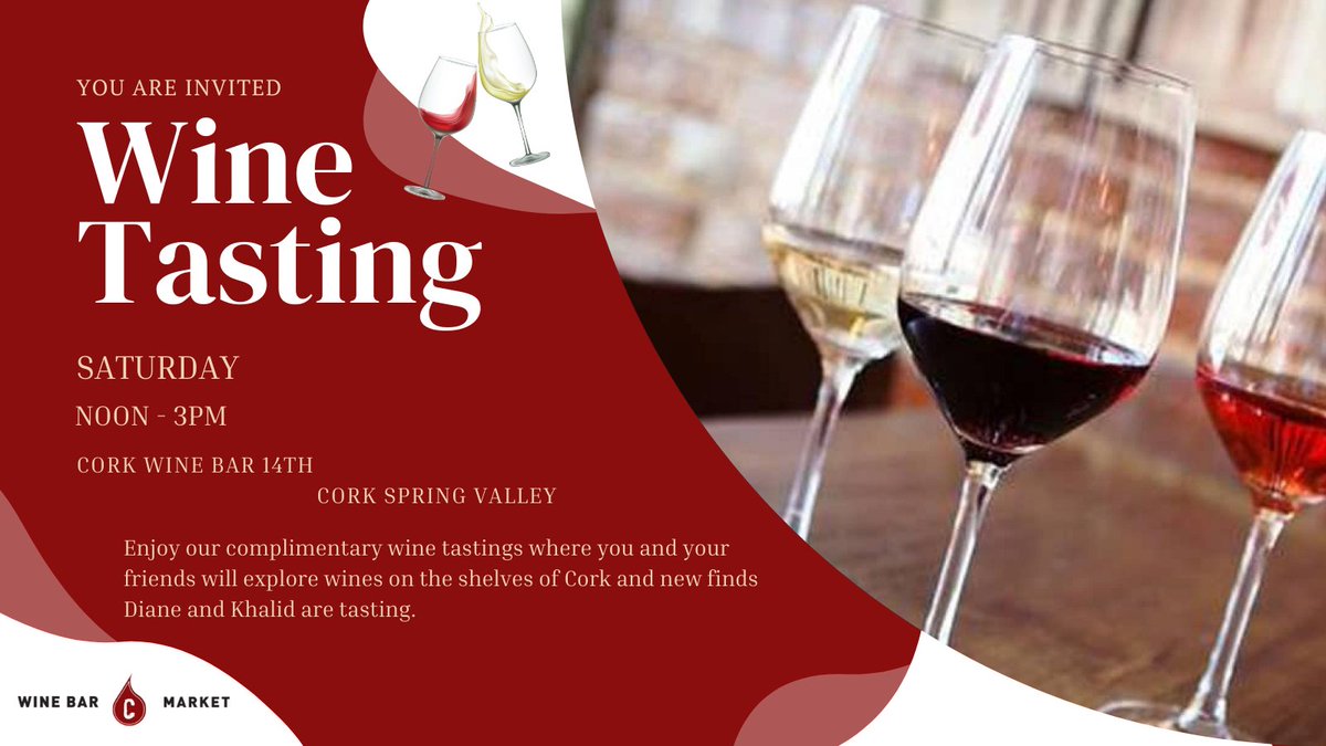 CorkDC's tweet photo. #Winetasting Saturday - Sip with us this #Saturday with our complementary tastings at #Cork14th and #CorkSpringValley - #discounts on all tasting wines.
Noon - 3PM
#wine #friends #enjoylife https://t.co/Bs4hABifVu