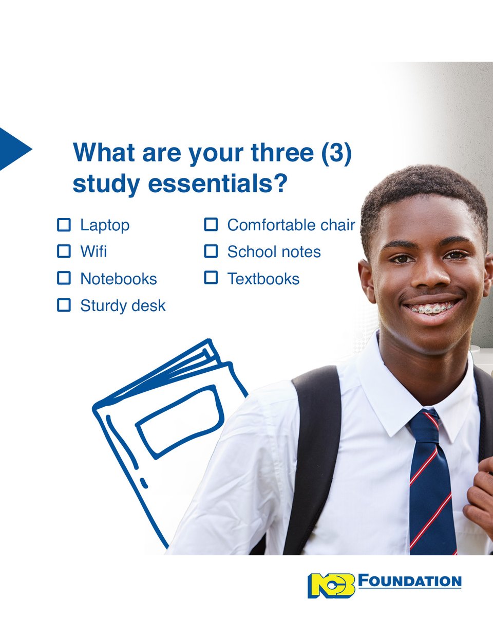 NCBFoundation's tweet image. What are your three study essentials? 

Reply and tell us.

Getting ready for your exams means having the right tools and study resources.

…..
#CSEC2024 #CAPE2024 #StudyPrep #NCBFoundation