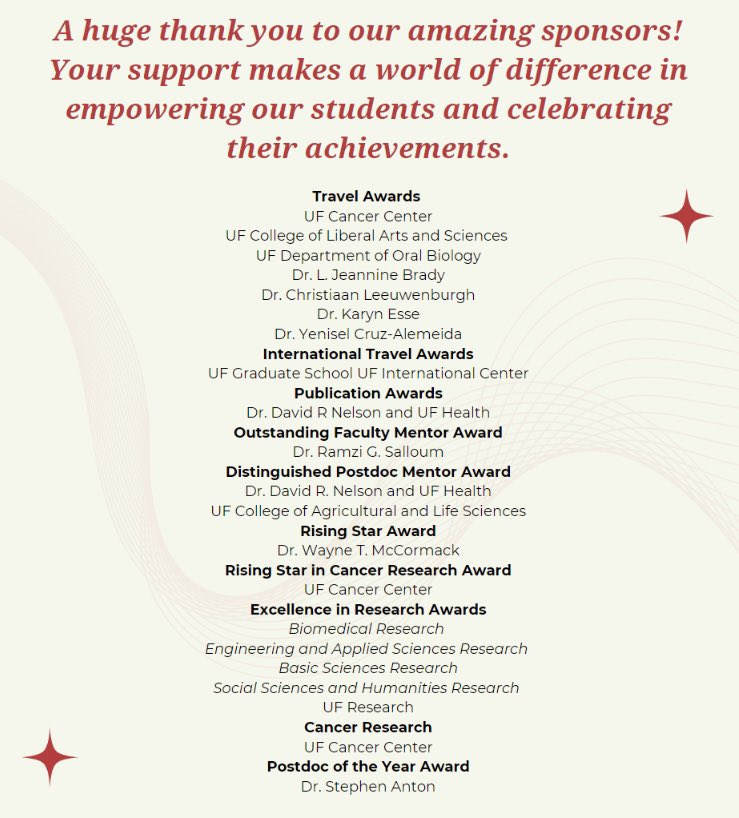 Please join us in congratulating the 2024 postdoc awardees and postdocs who received honorable mentions 🎉🏆👏
We also would like to thank the sponsors for funding the awards! <a href="/UF/">FLORIDA</a> #postdoc #postdocappreciationweek