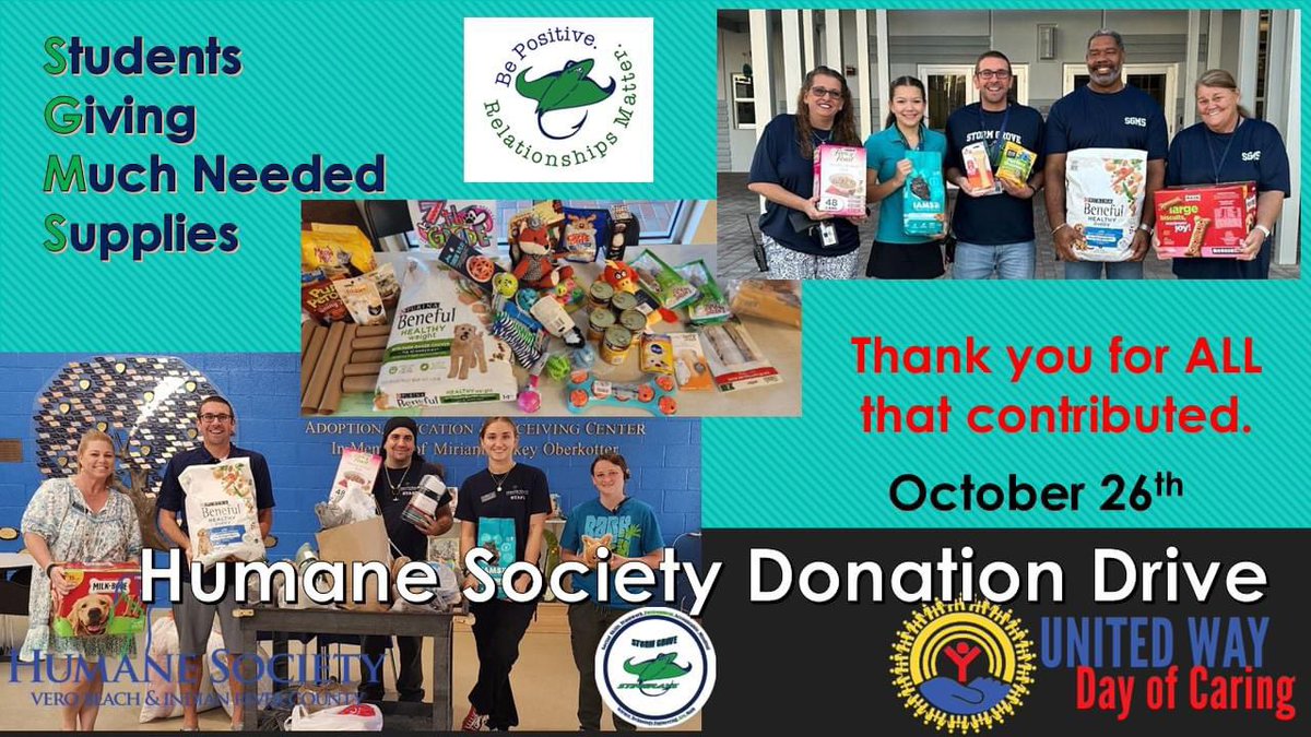 StormGroveFever's tweet photo. Congratulations SGMS Stingrays on a successful donation drive for the Humane Society of Vero Beach/ Indian River County. Your donations were greatly appreciated and all the people and pets were smiling during our delivery! #UnitedWayIRC @IRCSchools @SDIRC_SUP https://t.co/jhA2eTP6C9