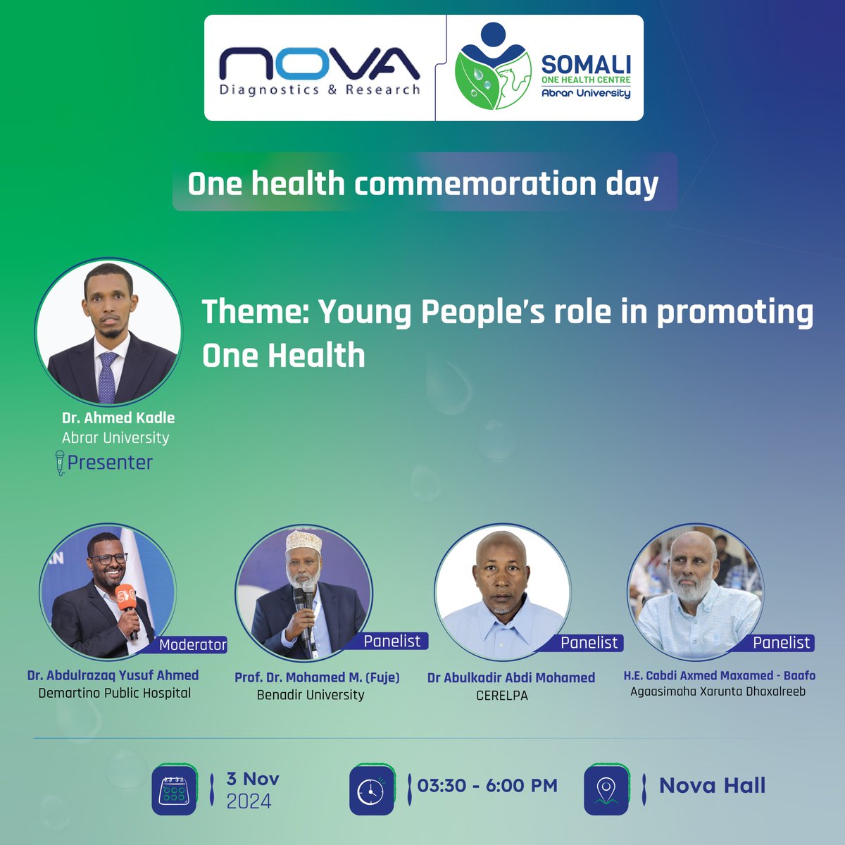 Join Us for Global One Health Day 2024 in #Mogadishu
🗓️Nov 3, 2024
📍#Nova_Hall
Theme: Young People’s Role in Promoting One Health 
Let's empower the next generation for a healthier, resilient Somalia!
✍️abrar.edu.so/sohc/one-healt…

#OneHealthDay2024 #Youth #OneHealth