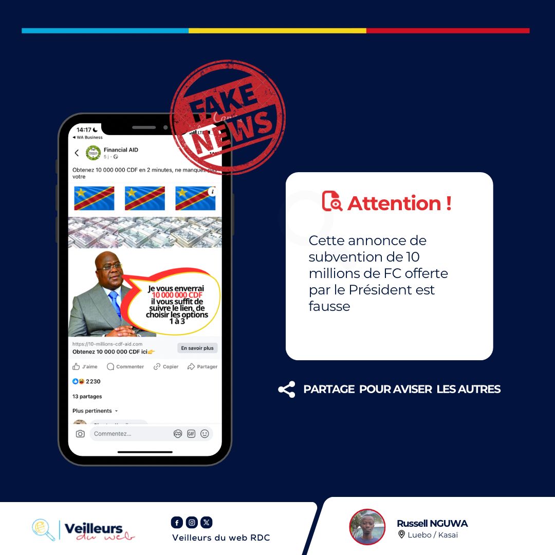 Cette annonce de subvention de 10 millions de FC offerte par le Président est fausse

Les détails via ce lien👇
facebook.com/10007638177619…