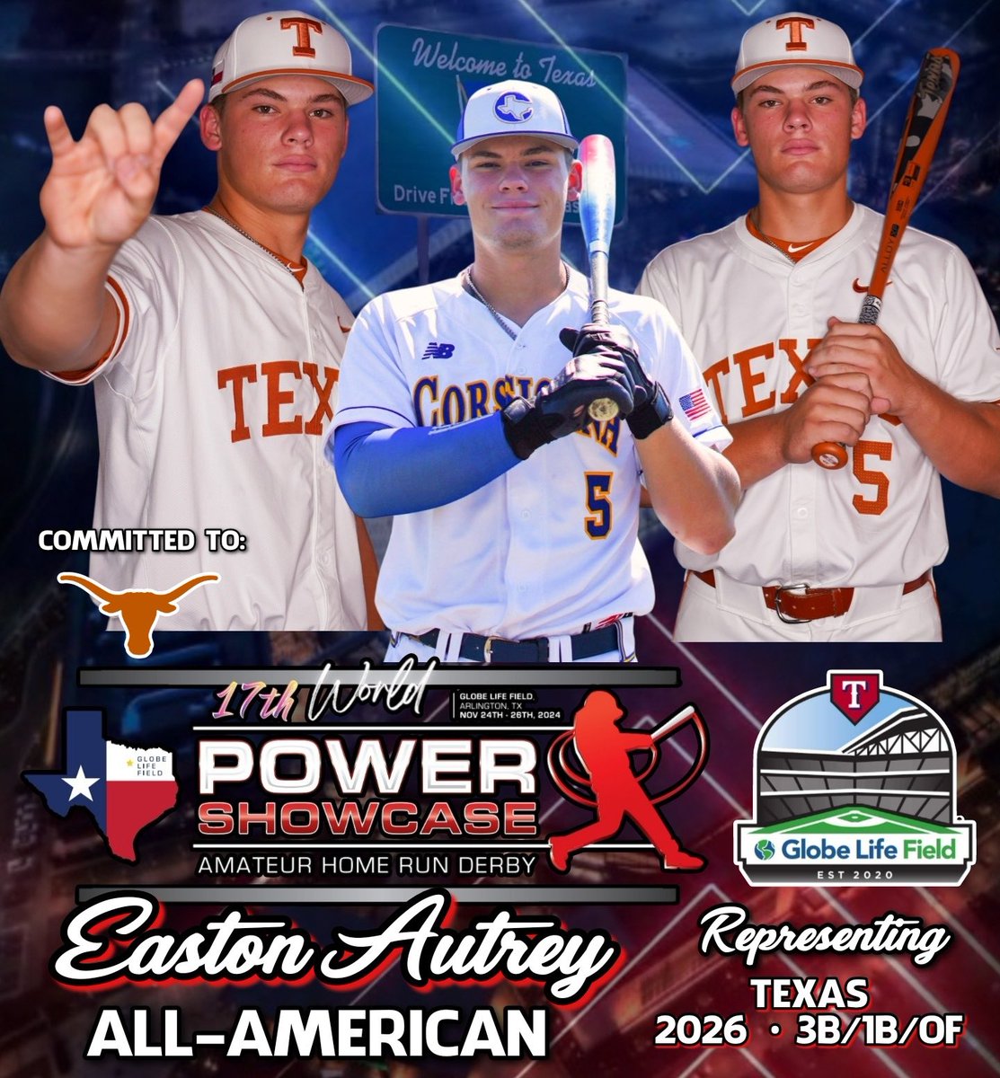 The POWER SHOWCASE World Classic is pleased to announce that Student-Athlete, top national power-hitting prospect and Texas Commit - ‘26 - 3B/1B/OF - Easton Autrey (Corsicana H.S., Corsicana, TX), will proudly represent Texas during the renowned Home Run Derby and World Classic