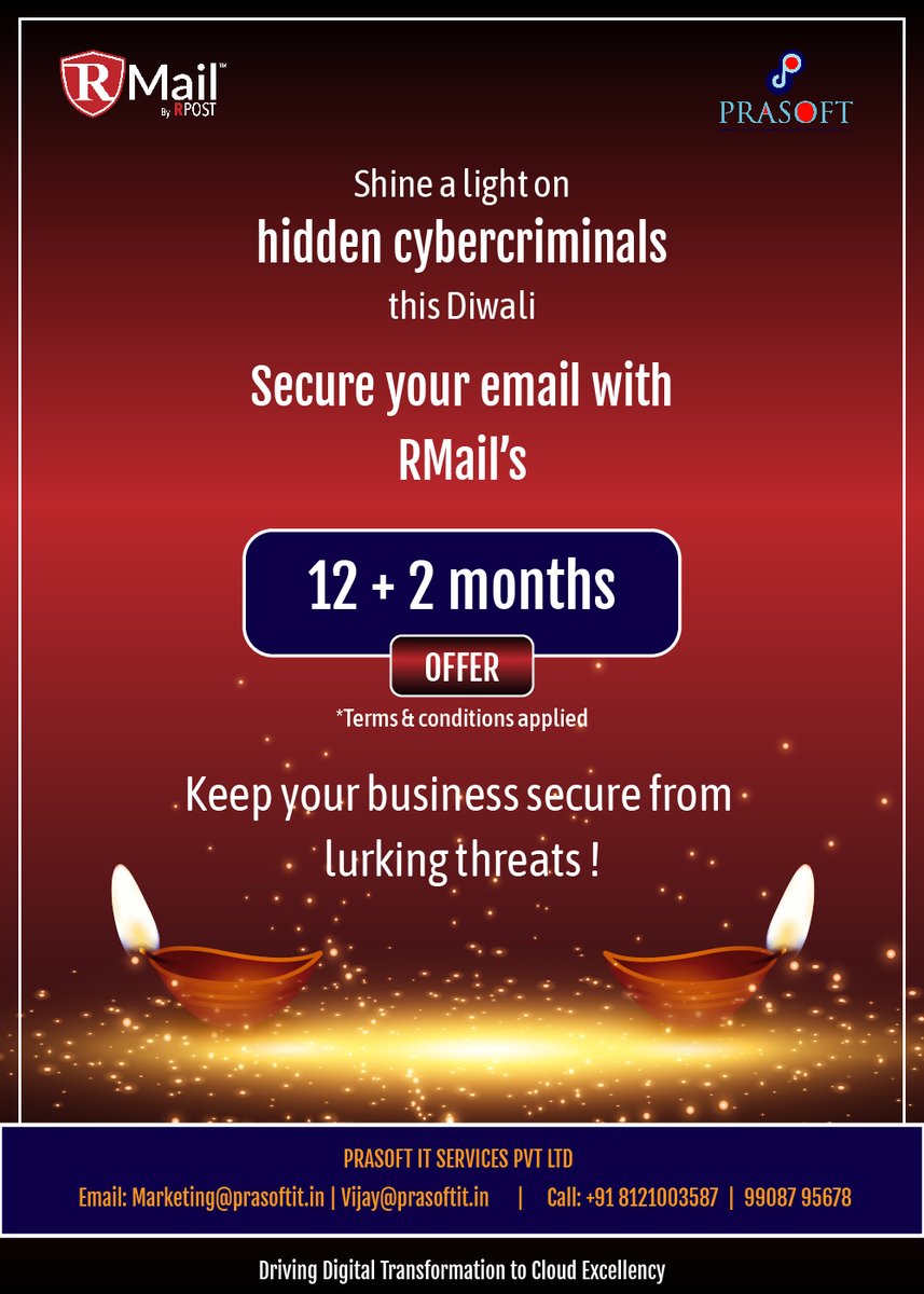 PrasoftS's tweet image. #Send #secure #trackable #emails #entireyear #twoMonths #bonus #encryption #certified #Edelivery 

*Offer valid for a limited time. 🌟

Contact us,
Marketing@prasoftit.in
+91 81210 03587

#hidden #cybercriminals  #Secure #RMail #offer #SecureEmail #SpecialOffer #DiwaliDeals