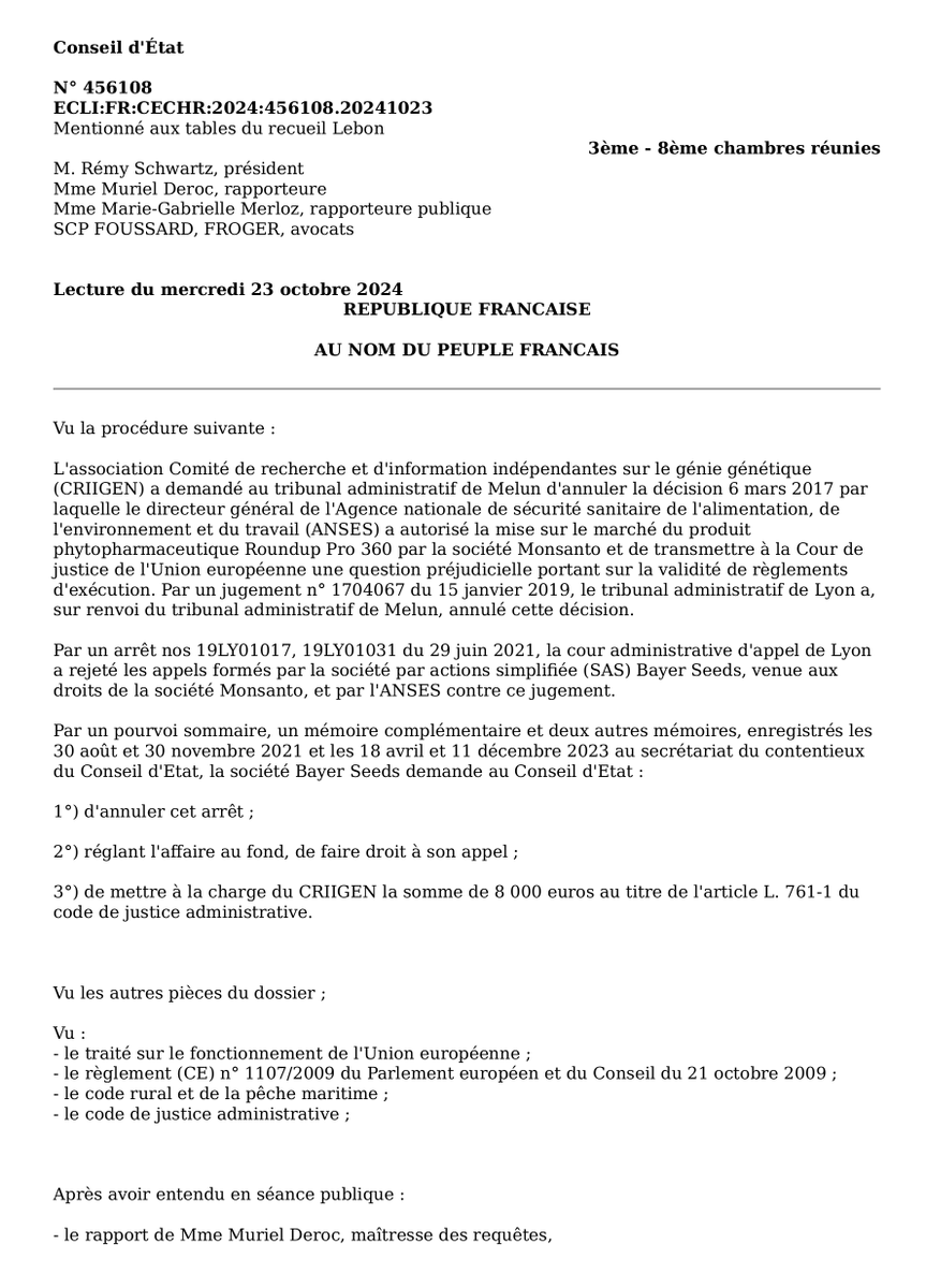 ArnaudAvocat's tweet photo. #Gyphosate Par une décision rendue le 23 octobre 2024, le @Conseil_Etat confirme l’annulation d’une AMM (Autorisation de Mise sur le Marché) d’un produit contenant du glyphosate (Roundup Pro 360), sur le fondement du #principeDePrécaution ⤵️