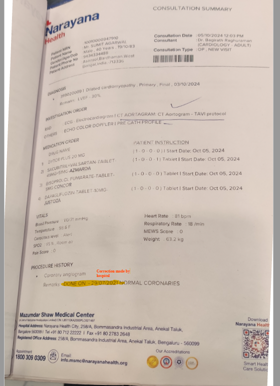 piyushindia06's tweet photo. @StarHealthIns @MoHFW_INDIA @NarayanaHealth Highlighting the clerical error on hospital document and the acknowledgement of their error which has led to entire ruckus and harassment by insurance. https://t.co/KW1jzTJfWc