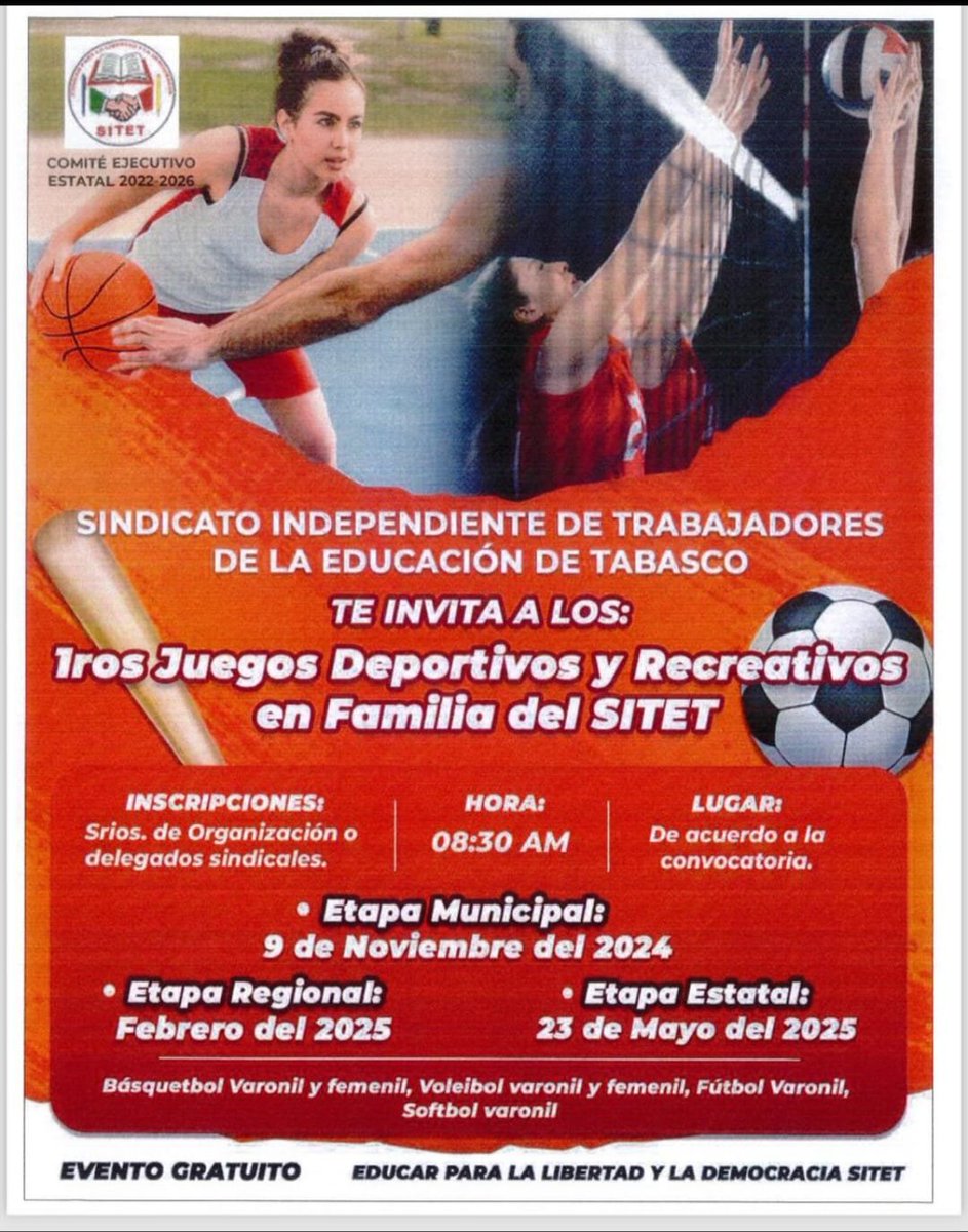 xevtfm's tweet photo. Invitan a los 1eros. Juegos Deportivos y Recreativos en Familia del #SITET

🏀La etapa municipal será este 9 de noviembre
🏐La regional será el próximo año y la etapa estatal será en mayo de 2025 

⚽ #EventoGratuito https://t.co/1DZbXTlKIK