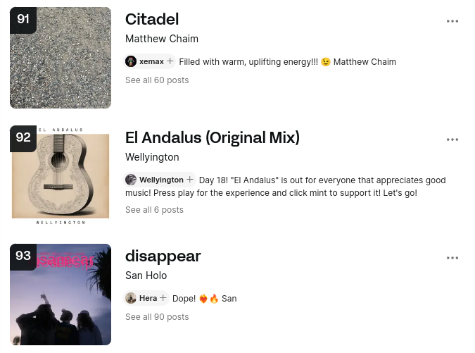 wellyington's tweet photo. 🔥 Hey frens, look how beautiful is consistence! 

My track "El Andalus" is top 92 today on @soundxyz_ trending sounds.

Thank you for everyone who minted, and thank you for everyone who press play!

https://t.co/1JB9nU1Pmd https://t.co/RrZzVld54n