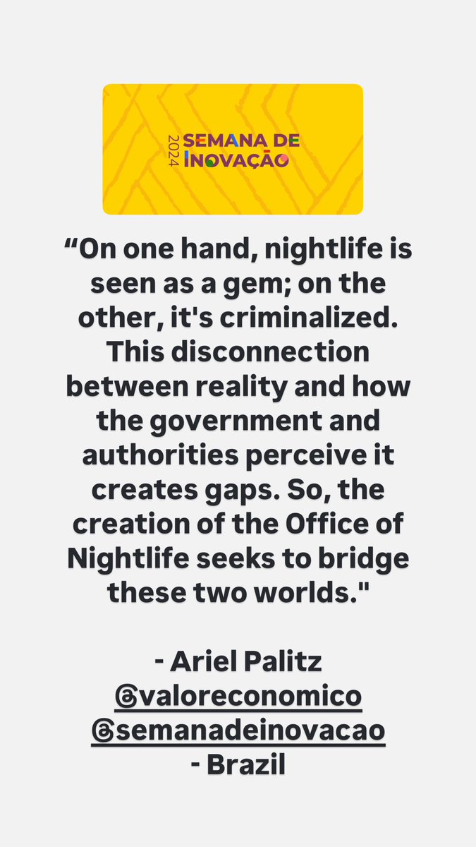 Extremely excited to be invited to Innovation Week 2024 Brazil to speak on the importance of the nighttime economy and creating an Office of Nightlife. <a href="/valoreconomico/">Valor Econômico</a>