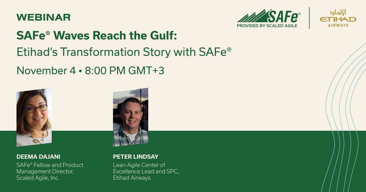Ready to get inspired by the SAFe® transformation of one of the Middle East’s leading brands? 

Join our upcoming online session to learn about Etihad Airways’ five-year journey with SAFe: ow.ly/LkRv50TMlpJ

#SAFe #ScaledAgile #BusinessAgility #Gulf #AgileMiddleEast