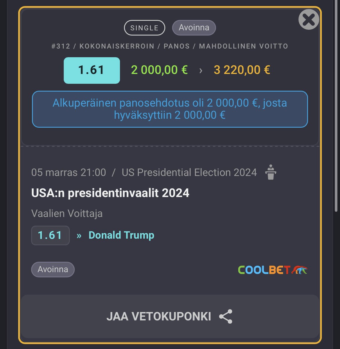 DanskuLevi's tweet photo. @emilelo Ei mitään hajua oikeista voimasuhteista, mutta sen opin aikanaan että ajoituksella on suuri merkitys näissä (esim. Aaltolan sulaminen pressavaaleissa). Sen vuoksi pienellä viihdebetsillä Trumpin kelkassa (Harris sulanut viime viikot ja trendi edelleen laskeva). https://t.co/rQkDptTnyW