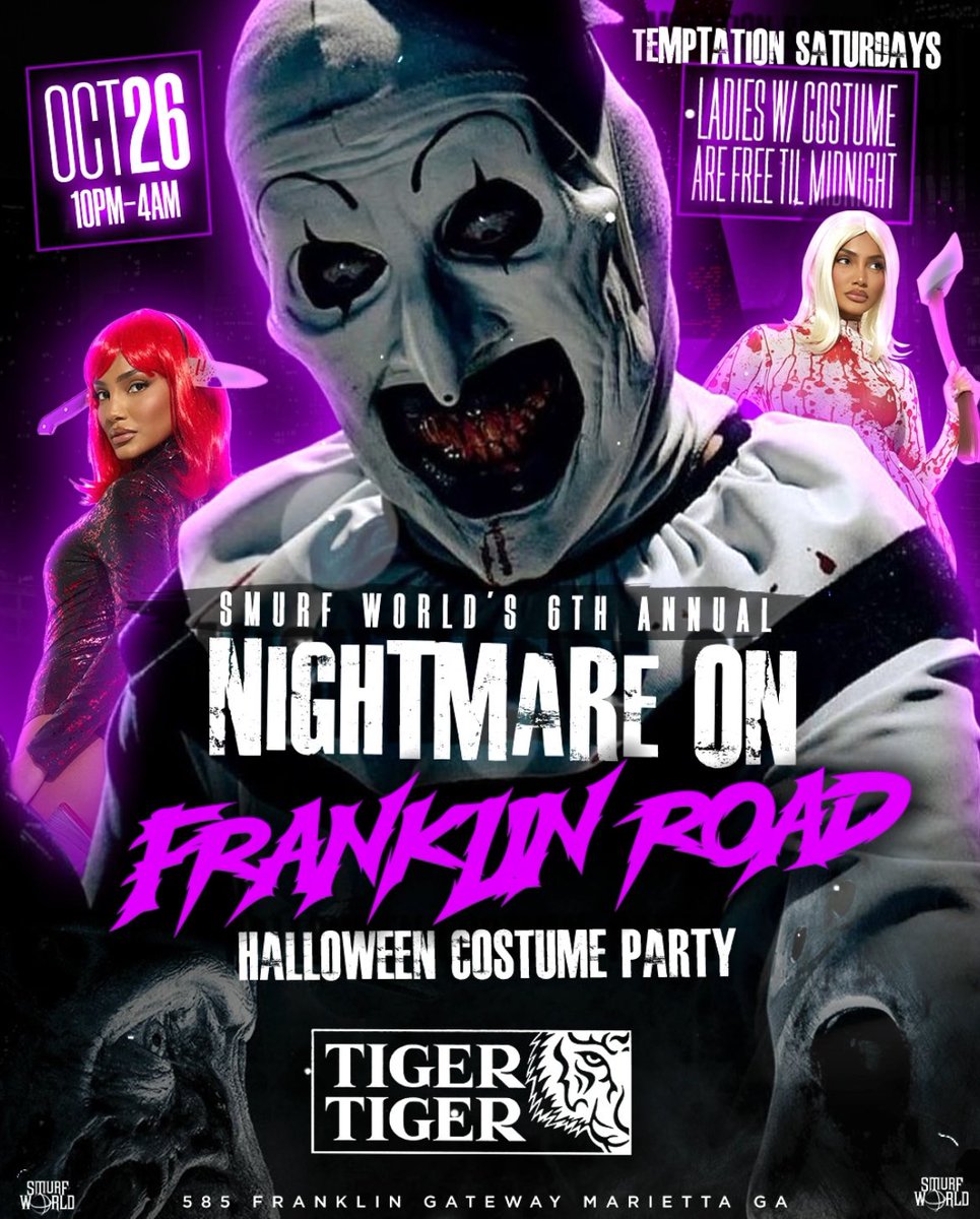1smurfworld's tweet photo. @SmurfWorld 6th Annual
Halloween Costume Party 🎃
Saturday, 10/26 @TigerTigerATL
Ladies w/ costume are free til midnight https://t.co/URHLo6tDtk