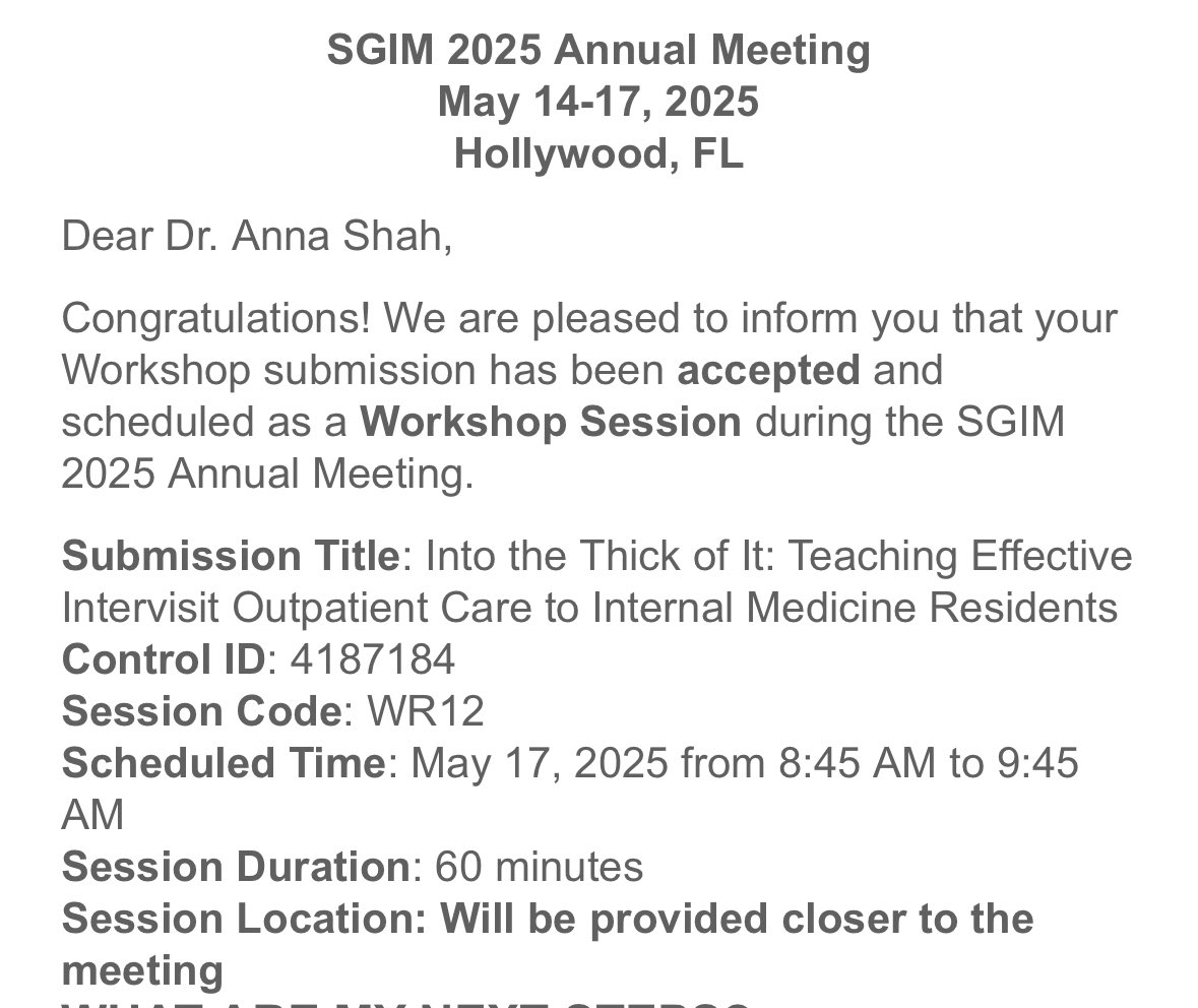 Super proud of <a href="/AnnaShah_MD/">Anna Shah, MD</a> for getting her workshop accepted to the National #SGIM conference in Hollywood, FL next year. Adding it to my calendar 🗓️ <a href="/ORourkeJr/">Paul O'Rourke</a> #ProudToBeGIM