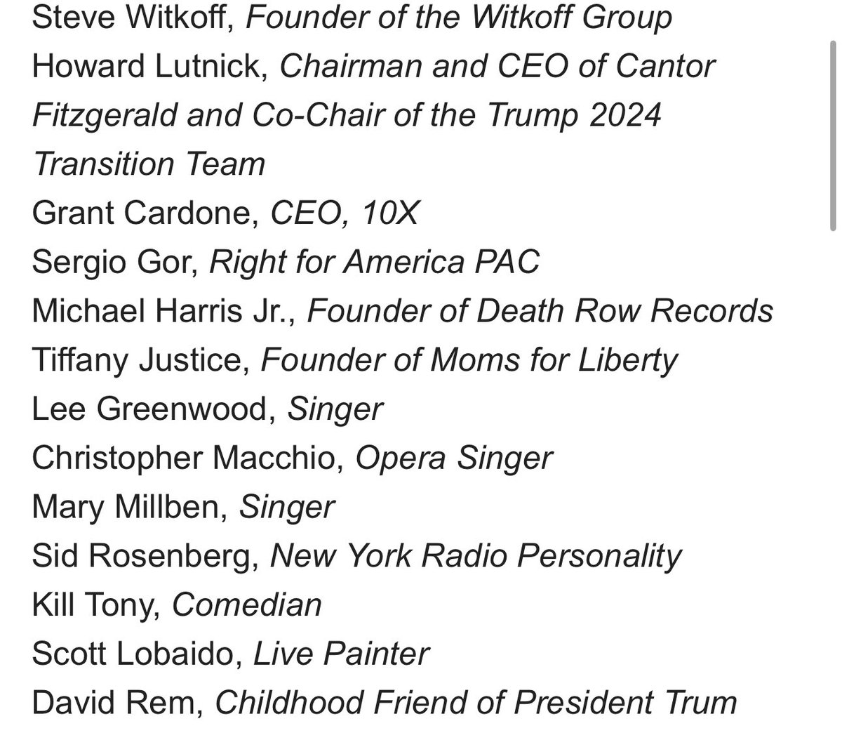 The Trump campaign released a list of 29 people who will speak/perform at Trump’s rally at Madison Square Garden tomorrow. The list ranges from Mike Johnson to Rudy Giuliani.

Not on the list: The 7 Republicans running in New York's competitive House races and Melania/Barron