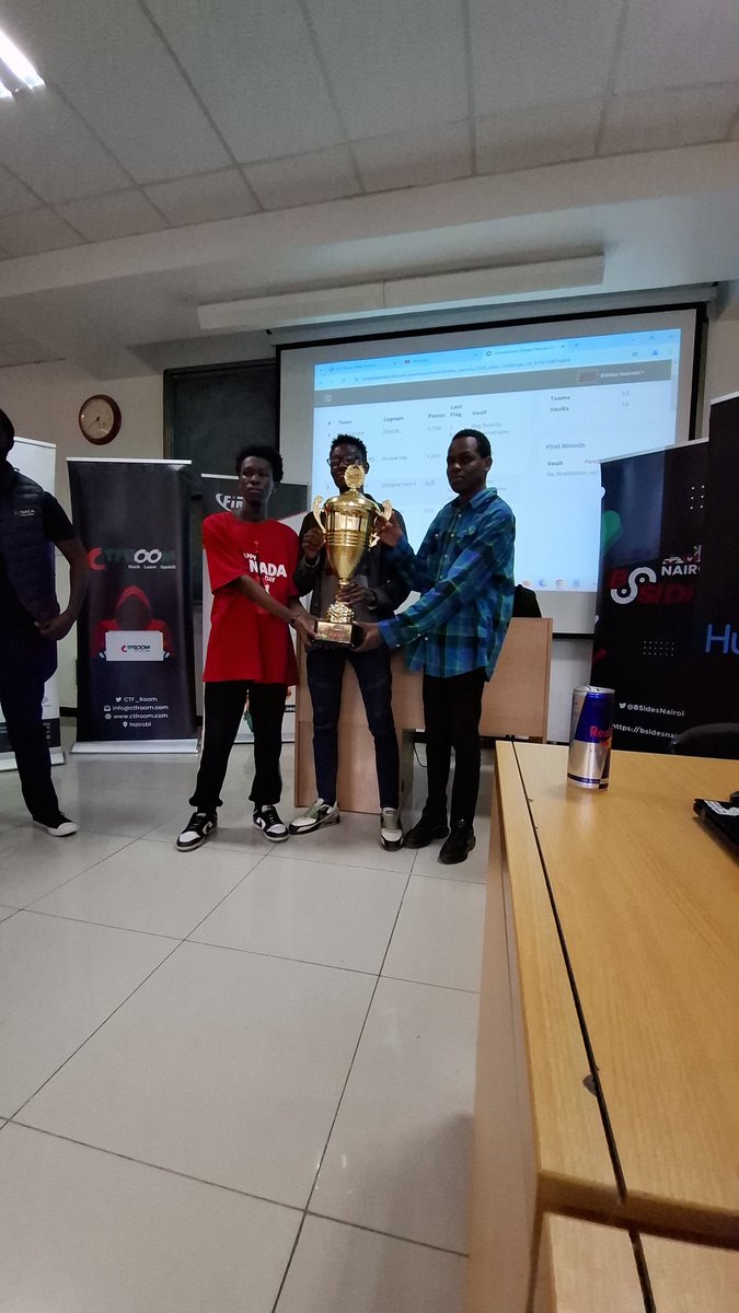 BSidesNairobi's tweet photo. Congrats @p3rf3ctr00t for taking the trophy for the 2nd year running in #BSidesNairobi Cyber Challenge https://t.co/08eUrkkVFd
