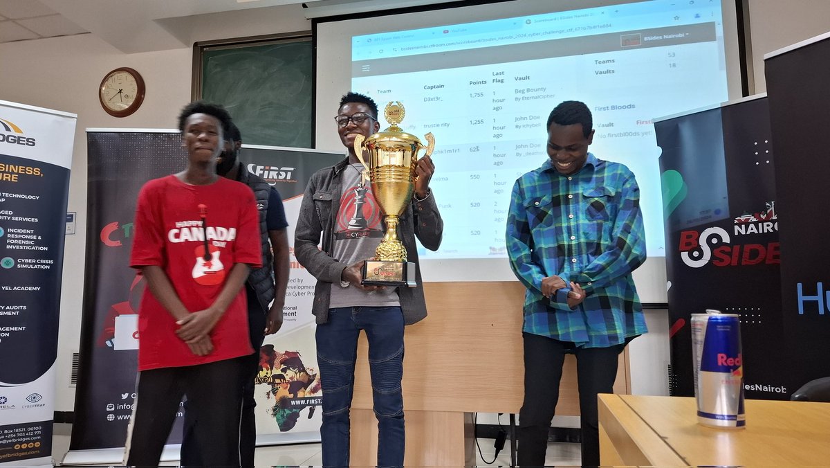 BSidesNairobi's tweet photo. Congrats @p3rf3ctr00t for taking the trophy for the 2nd year running in #BSidesNairobi Cyber Challenge https://t.co/08eUrkkVFd