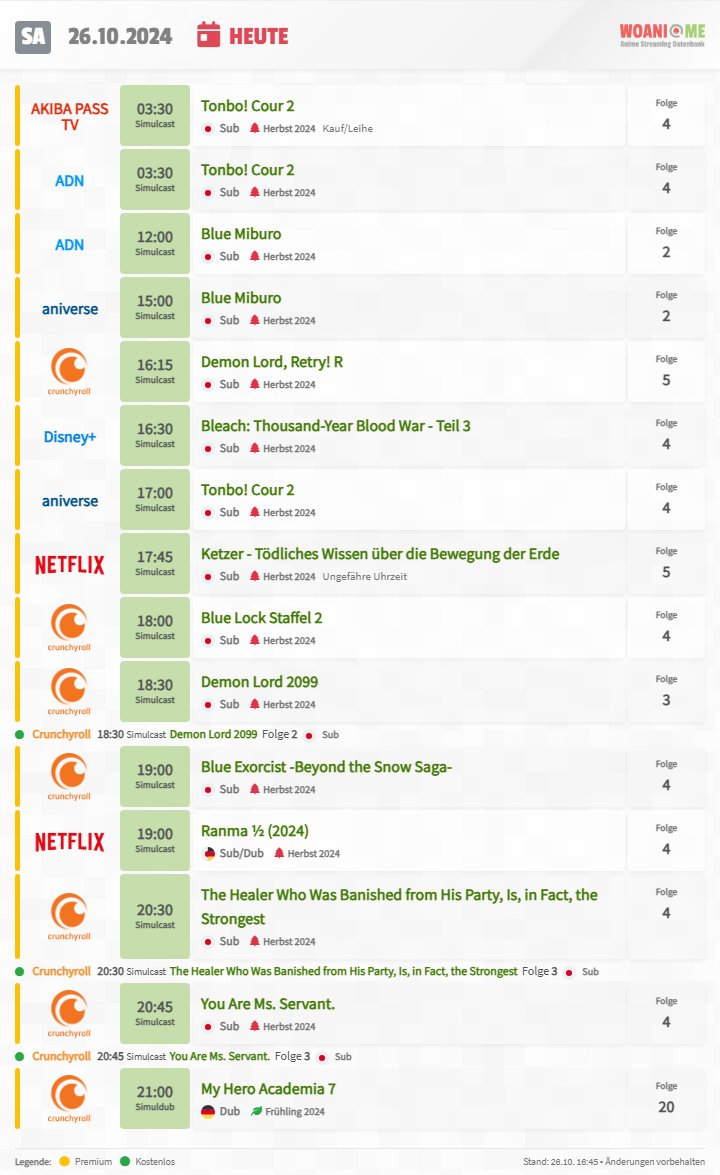 woani_me's tweet photo. Das #Anime #Streaming Programm für Samstag, den 26.10.

Heute u.a. mit neuem von #Bleach, #BlueMiburo und #DemonLordRetry! https://t.co/47X5xw8Qjo