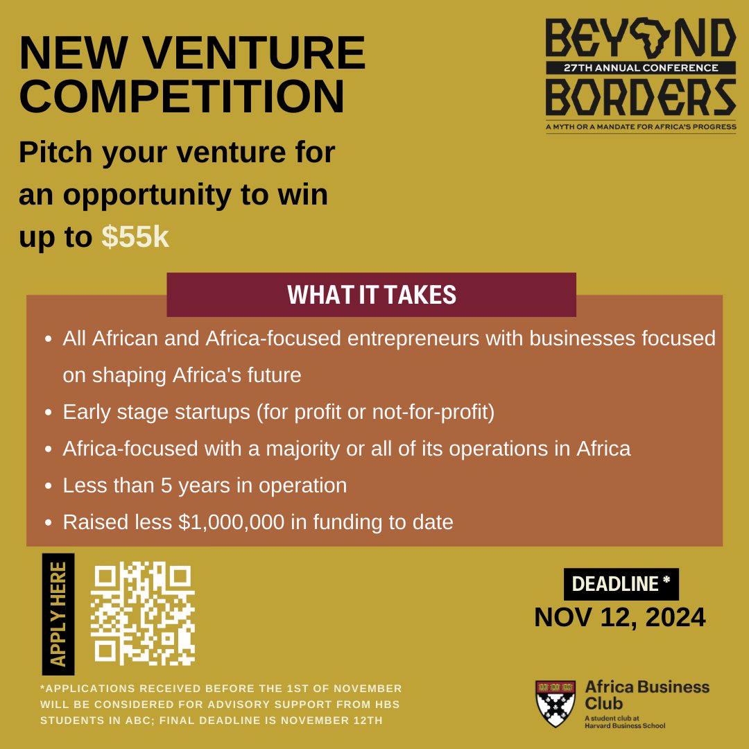 Are you an African entrepreneur with a vision for change? Pitch your startup  for a chance to win up to $55k in funding! Apply by November 12, 2024, and take your venture to the next level. Early applicants (by November 1) may receive advisory support from HBS students.

#ABC