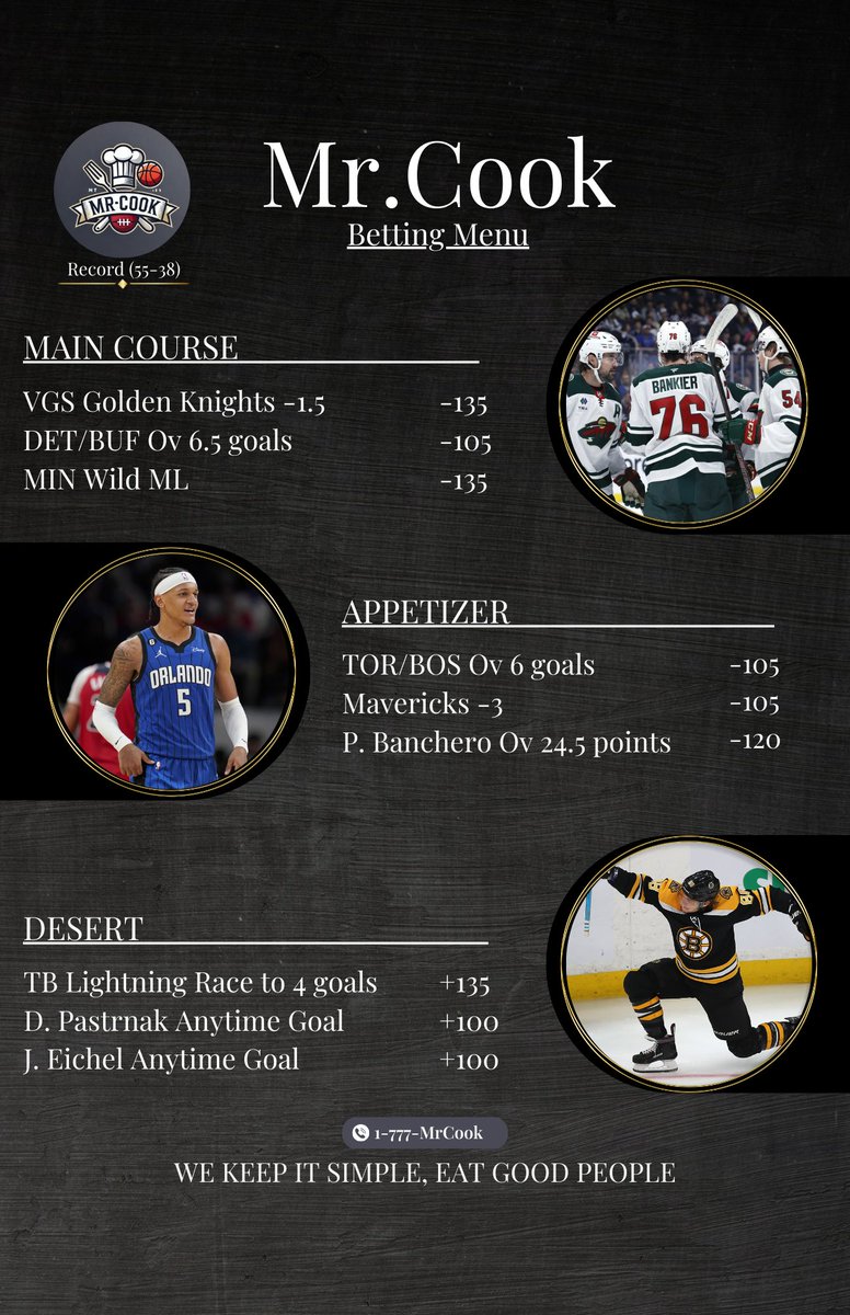 MrCookPicks's tweet photo. Today’s menu is served! 🍽️ We’ve got a fresh slate of action lined up, and we’re ready to cash in big tonight. Let’s keep it simple, eat good, and make some money! 💸👨‍🍳 #MrCook #BettingMenu #EatGoodPeople https://t.co/mPoZce2NyB