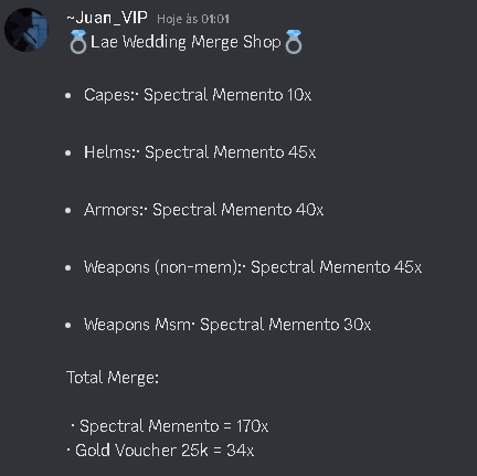 Evento e Merge finalizados, e ouso dizer um dos melhores do ano, mais uma vez, parabéns pelo seu casamento <a href="/Yo_Lae/">Lae 🔥</a> sz

Mapas lindos, itens MUITO BONS como você sempre faz

~e aquela armor de gold com o boot CC 🤤 digna de lqs~