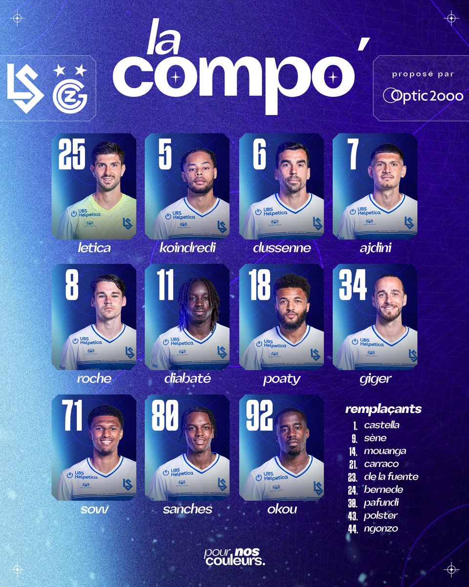 lausanne_sport's tweet photo. 📋 Chers supporters, voici notre 𝐗𝐈 face à @gc_zuerich ⚔️

🕶️ Présenté par Optic 2000 

🗣️ Allez Lausanne 🔵⚪️

#AllezLausanne #LSGC https://t.co/Rb6s1Y7zY7