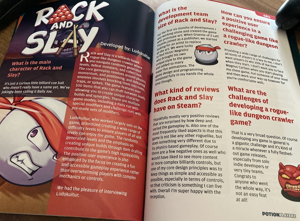 I have the great honor of being featured in the inaugural issue of @potionplayerz with an 8-page interview! This is a labor-of-love homebrew indie gaming magazine, which is something you probably didn't expect to see in 2024, but I love that it exists very much. ❤️