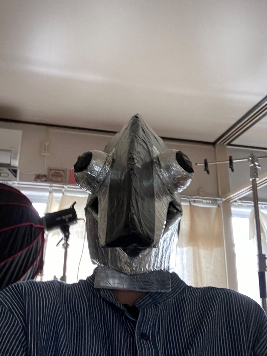 自撮りをして左右対称か確認する魚頭。