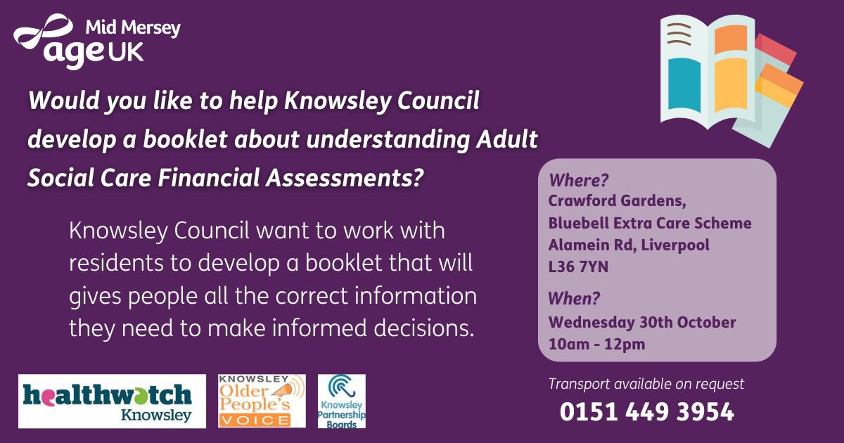 Knowsley Council are looking for individuals to go along to their workshop this Wednesday to help develop a booklet aimed at at helping understand Adult Social Care Financial Assessments 💜