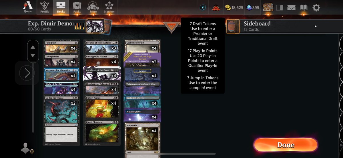 JammerSoul's tweet photo. Explorer Event 7- and Play-Point #217
Learning the ins and outs with Dimir Demons. The manabase hasn’t been super impressive. Debating if I need more fixing or one more spot. Anyone got ideas?
#MTGArena #mtgexplorer https://t.co/W2zaX6bP1U