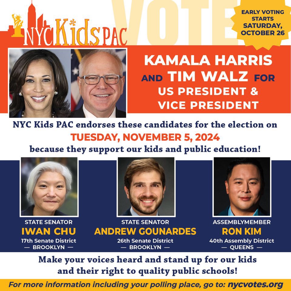 .<a href="/NYCKidsPAC/">NYCKidsPAC</a> endorses <a href="/KamalaHarris/">Kamala Harris</a> @tim_walz  <a href="/Iwen4NY/">Iwen Chu 曲怡文</a> <a href="/rontkim/">Ron T. Kim</a> as they will support NYC kids &amp; their right to healthy, quality public schools!  Early voting starts today; go to nycvotes.org to find polling places &amp; times.  Your vote is your voice; use it!