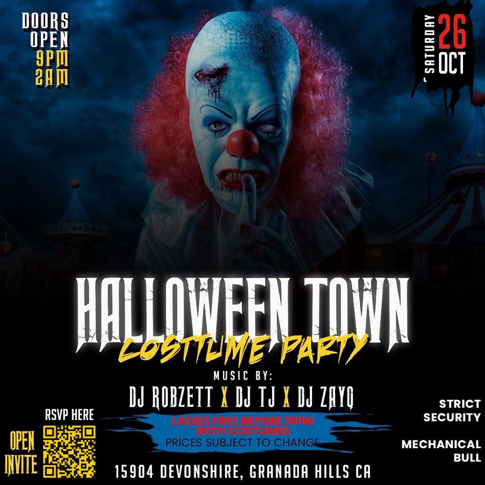 DjRobzett's tweet photo. Halloweentown Festival 🎃🎥 TONIGHT Saturday 10/26 🥳  Mechanical Bull 💖Vendors + More 👻 Address: 15904 Devonshire st. Granada Hills Ca. 📍

https://t.co/mHbmQuBjni https://t.co/L36jgVjtR2