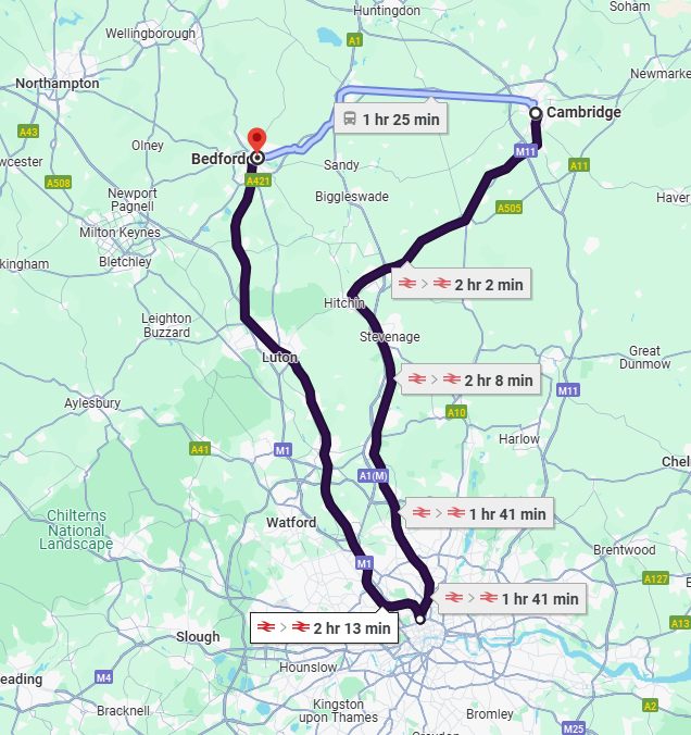 Bedford to Cambridge, 50km away from each other.
