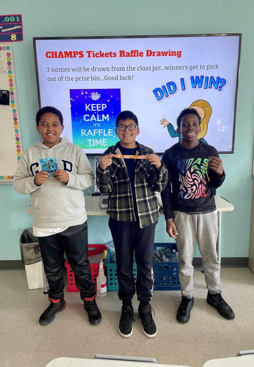 KaitlinBowker's tweet image. CHAMPS ticket raffle winners in #6thgrademath yesterday. 👏👏👏 Even had a student pick a pair of flip flops for his mom. @LincJrHi