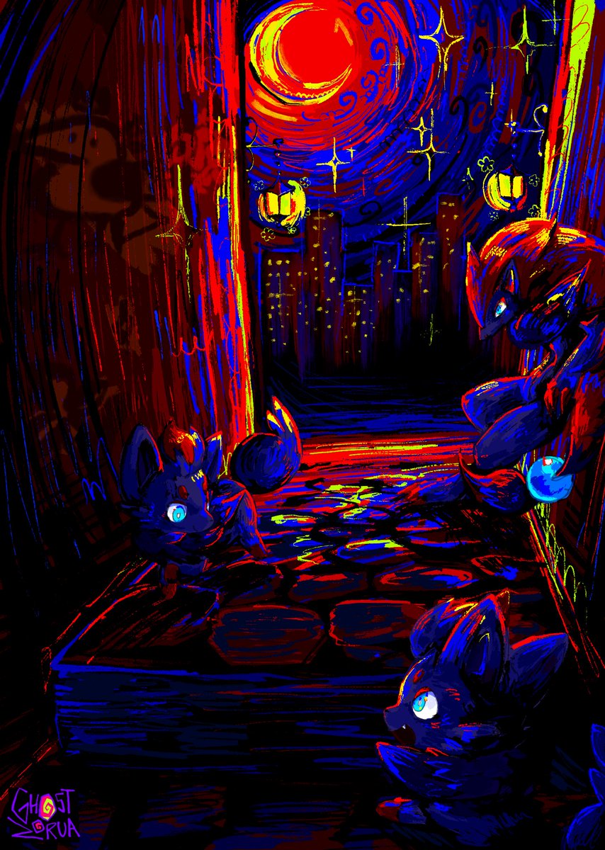 Zoruas and zoroark in ominous evil red alleyway