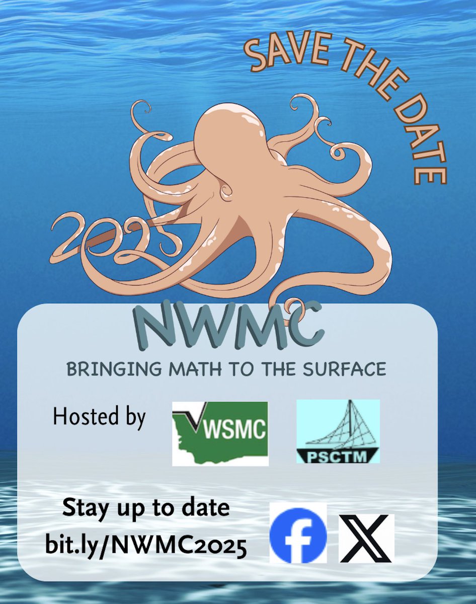 nwmathconf's tweet image. Bringing Math to the Surface
Save the Date! Come join us in Washington State next year!
October 9-11, 2025 in Tacoma, Washington.
Sign up for more details: bit.ly/NWMC2025
#nwmc2025 @nwmathconf