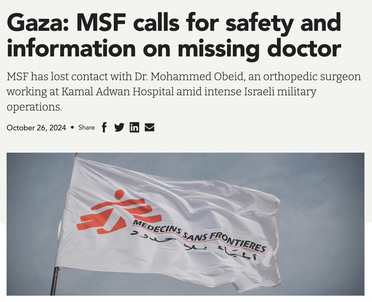 We're deeply concerned for the safety and whereabouts of Dr. Mohammed Obeid, an MSF orthopedic surgeon who was sheltering and working in Kamal Adwan Hospital, northern Gaza, with whom we lost contact since the afternoon of October 25. 

The hospital and its surroundings have been