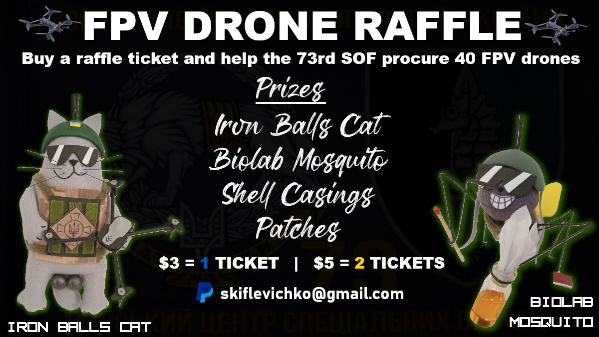CynlandNS's tweet photo. ✨✨😼 🔷 Raffle Time!! 🔷 😼✨✨
The Biolab has released more critters: Iron Balls Drone Cat and Biolab Mosquito!
Raffle to assist @Harry_Skif 73rd Special Forces Unit (SOF) to get FPV drones @ $400 USD ea.
Iron Balls Cat, Biolab Mosquito, shell casings from the Battle of Bakhmut and patches are available to be won.
$3.00 per entry or 2 for $5.00 (USD)
🅿️🅿️ skiflevichko@gmail.com
https://t.co/klV5mpYiUF
More details 👇