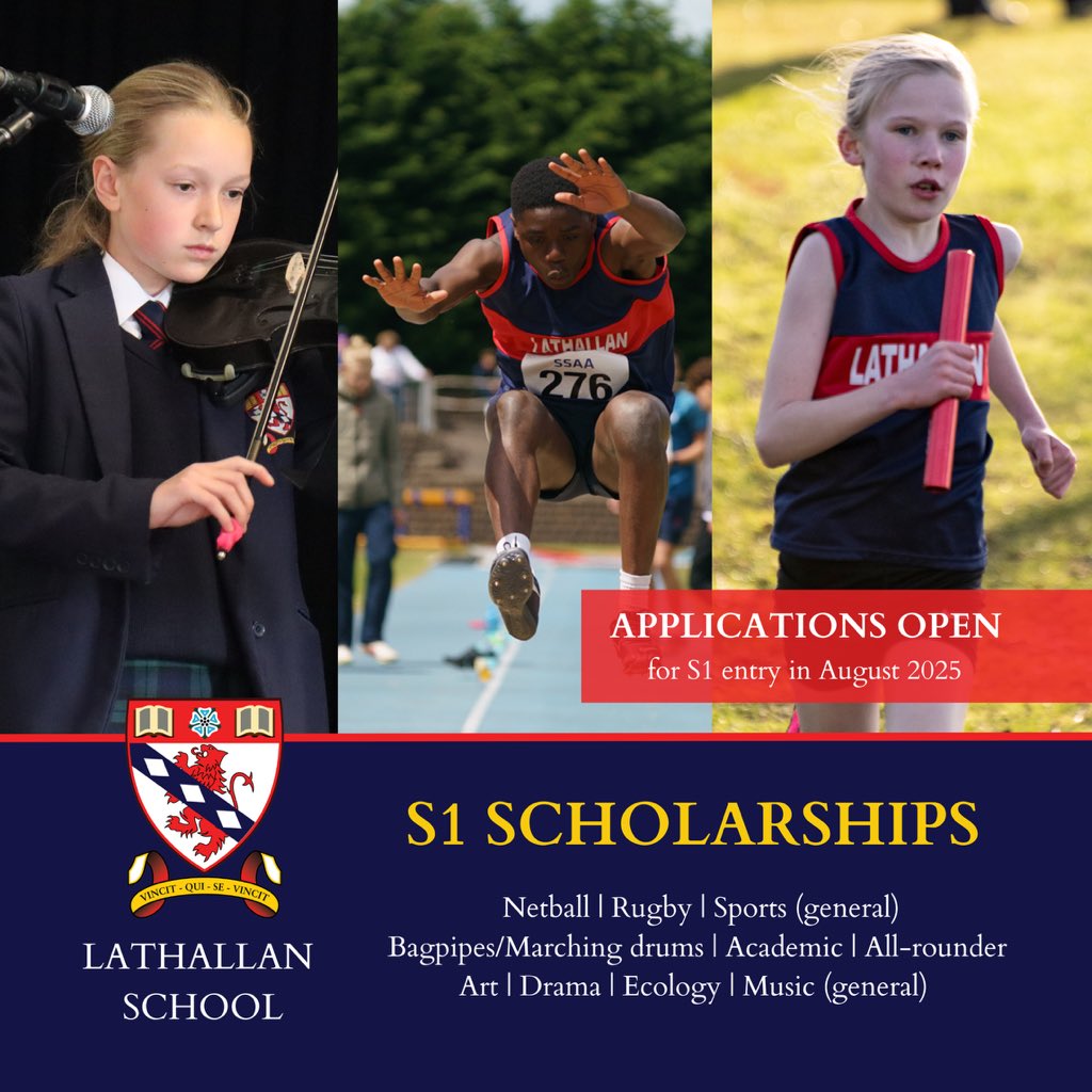 ⭐ Lathallan S1 Scholarships ⭐ for pupils who will be entering S1 in August 2025 - one week left to apply before the deadline of the 1st November.

S1 Scholarship assessment days will take place on Tuesday 19th and Wednesday 20th November 2024.

➡️ lathallan.org.uk/scholarships