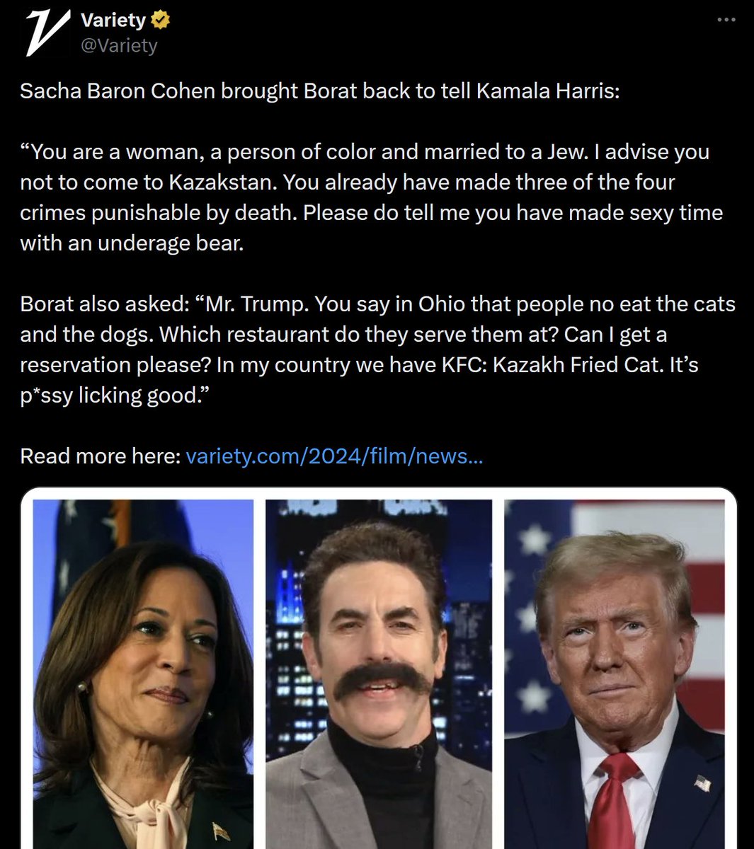 In his latest TV appearance, Baron Cohen's Borat character claimed that, in Kazakhstan, Kamala Harris would be arrested and executed for marrying a Jewish man.

This is a gross lie played for laughs with a public that has been fed decades of Islamophobic propaganda. 

In reality,