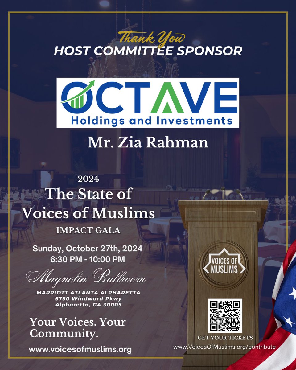 VoicesOfMuslims's tweet photo. We’re honored to welcome Mr. Zia Rahman of Octave Holdings &amp; Investments as a Host Sponsor for The State of Voices of Muslims Impact Gala. 

Get your tickets! https://t.co/qmOyRzvQJN

#StateOfTheUnion #VOMS2024 #Gala #GetInvolved #RoKhanna #HankJohnson https://t.co/ZdRVloU39N