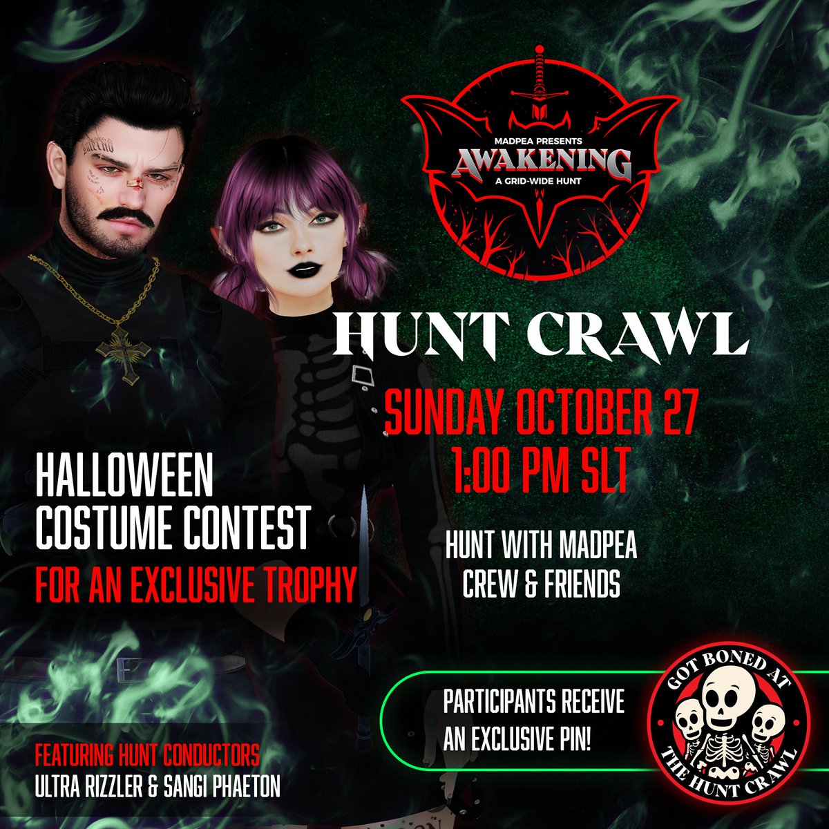 Hunt crawl Oct. 27th @ 1PM SLT!  MadPea crew members Ultra Rizzler &amp; Sangi Phaeton will host! Halloween Costume Contest w/special prizes! All participants will receive a hunt exclusive pin!  This hunt visits adult regions. Crawl begins in Gravenhollow: bit.ly/4gRKyBI