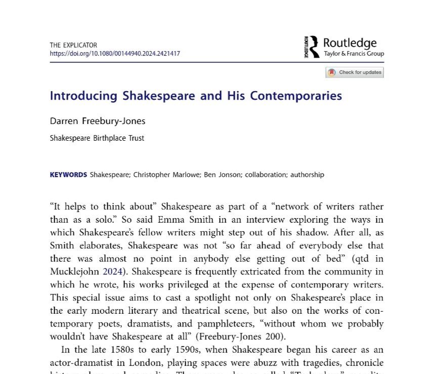Freeburian's tweet photo. Delighted to reveal my introduction to the special issue I guest edited of the Explicator on 'Shakespeare and his contemporaries', full of wonderful essays on important early modern figures by phenomenal contributors. 

Stay tuned for the full issue!

https://t.co/ykPHmhy5fJ https://t.co/CL52AhoXYn