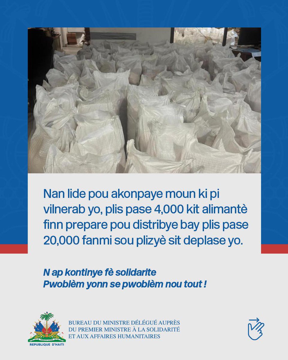 MDSAH_HT's tweet photo. Nan lide pou akonpaye moun ki pi vilnerab yo, plis pase 4,000 kit alimantè finn prepare pou distribye bay plis pase 20,000 fanmi sou plizyè sit deplase yo. 

N ap kontinye fè solidarite, pwoblèm yonn se pwoblèm nou tout ! https://t.co/XK97ZzhTPZ