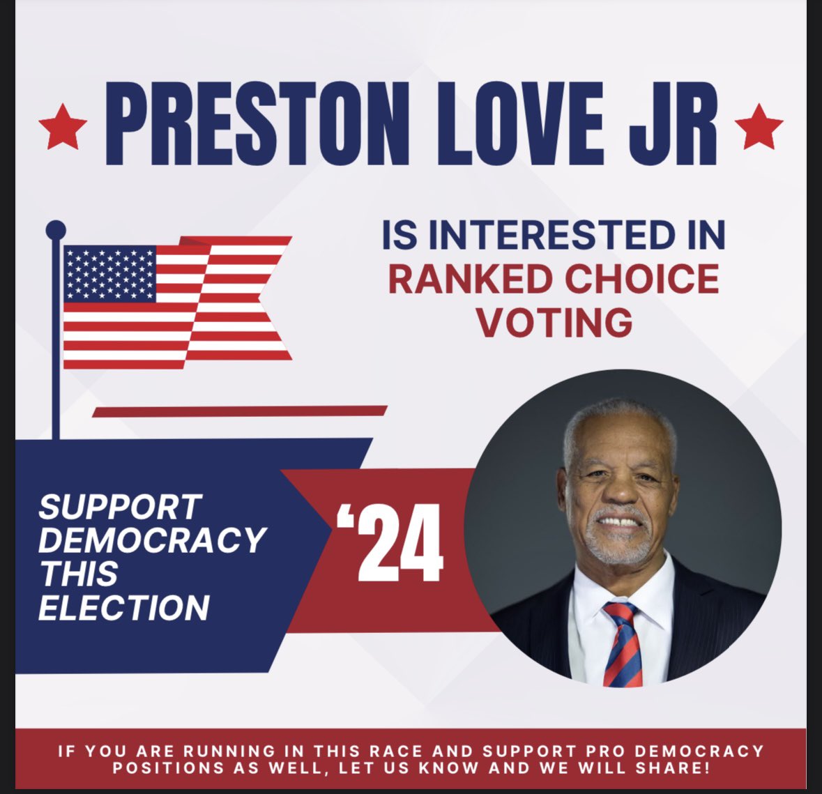 rep_us_omaha's tweet photo. Preston Love Jr. supports democracy in this election. We're counting on you to support it too. Make your voice heard this election by voting for the candidates that vote in your best interest. @Love4Senate #electionday2024 #nebraska https://t.co/zZ30xYfhfO
